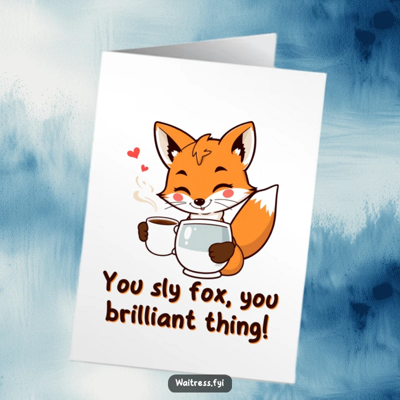 Funny Free Printable Congratulations Card: A smiling fox waiter presents coffee with a flourish and a knowing wink, celebrating success.