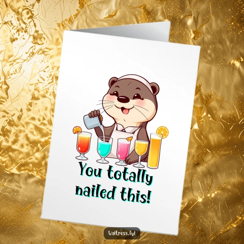 Funny Free Printable Otter Waitress Congrats Card: Smiling otter waitress pouring vibrant drinks, celebrating a special occasion.