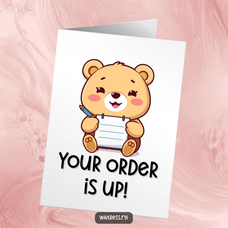 Funny Free Printable Congratulations Card: Cheerful Kawaii bear with notepad and pen, documenting a successful moment.
