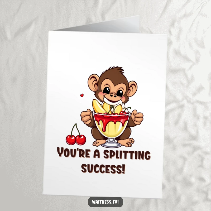 Funny Free Printable Congratulations Card: A mischievous monkey serves a loaded banana split, symbolizing a sweet victory and celebration.