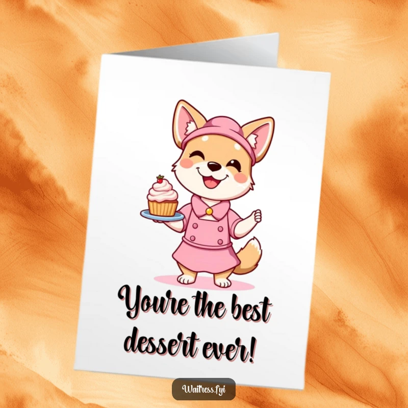 Free Printable Dog Congratulations Card: A smiling dog waitress playfully balancing a dessert, cheering for someone's big win.