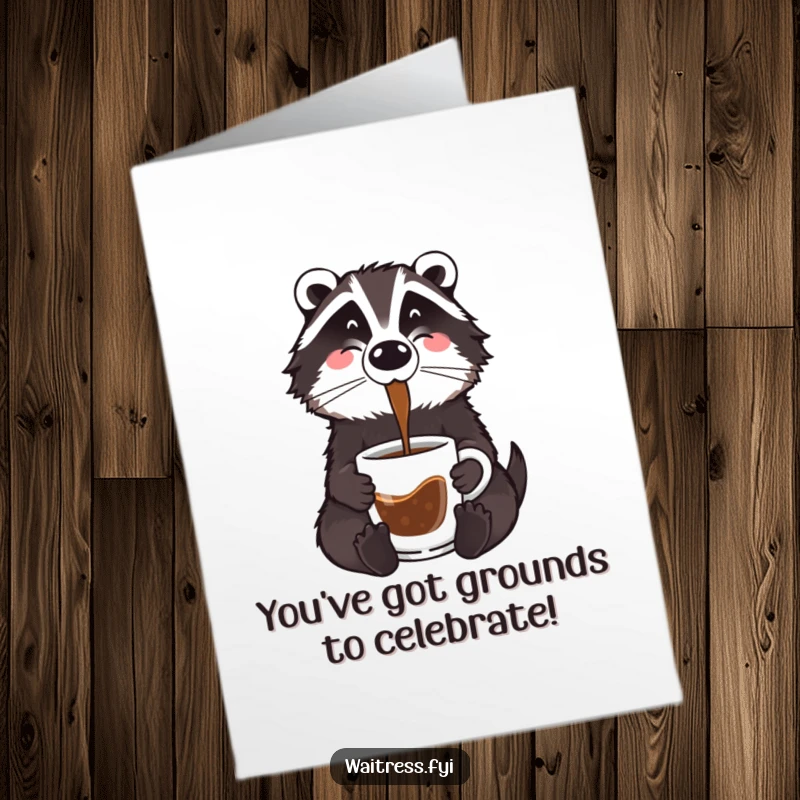 Funny Free Printable Badger Congratulations Card: A friendly badger skillfully pours coffee into a mug, celebrating your achievement.