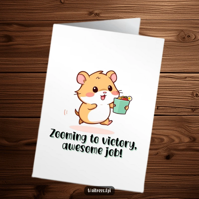 Funny Free Printable Congrats Card: A fast hamster zooming with a food order, representing swift success and happy outcomes.