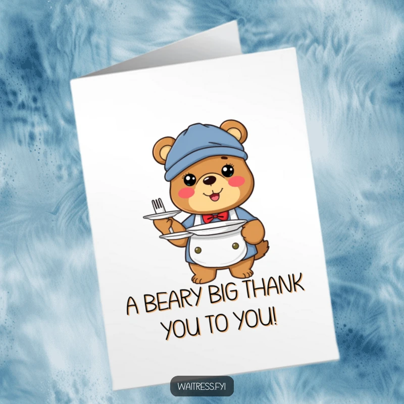 Funny free printable thank you card: A smiling bear server in attire, holding out a plate with a thank you note.