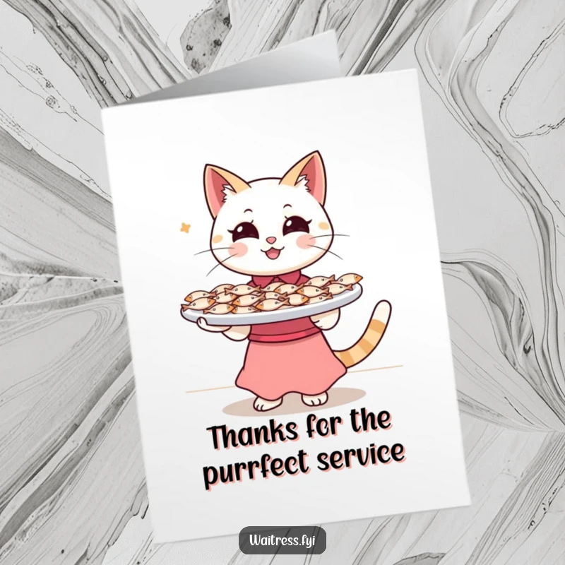 Funny Free Printable Thank You Card: Happy cat waitress balances a tray overflowing with tiny fish, offering thanks.