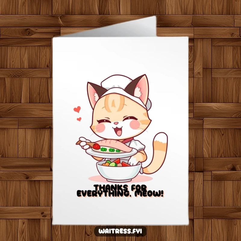 Funny Free Printable Thank You Card with a winking cat waitress serving a fish dish, conveying gratitude with humor.