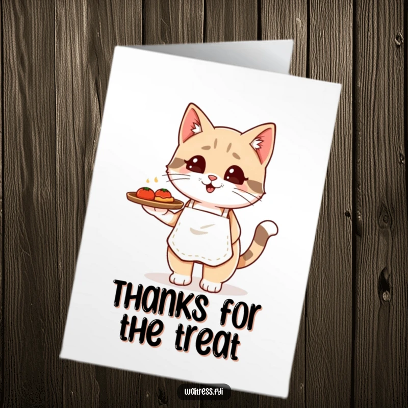 Funny Free Printable Thank You Card: Kawaii cat waiter with food tray, conveying thanks with a smile.