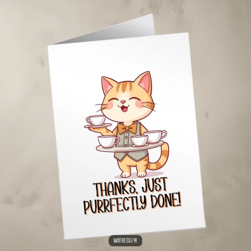 Funny Free Printable Thank You Card: A happy cat waiter in a bowtie smoothly balances a tray of teacups, offering a gracious thank you.