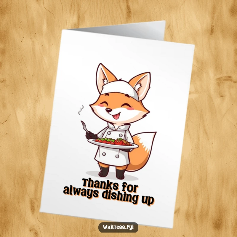 Funny Free Printable Thank You Card: A smiling fox chef presenting a delectable dish, a true work of edible art.
