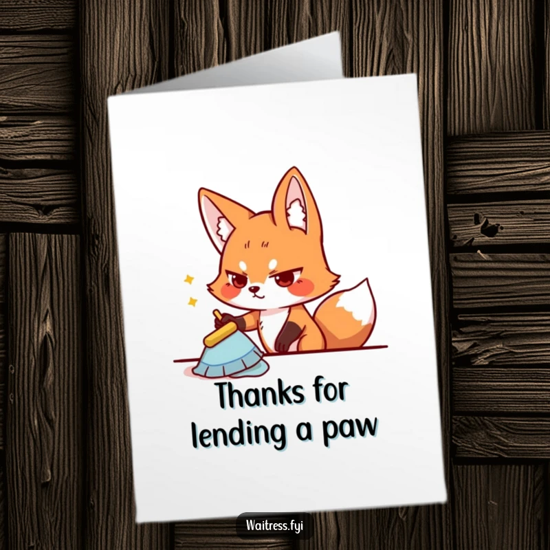 Funny Free Printable Thank You Card: A playful fox wipes a table determinedly, showing gratitude for your help.