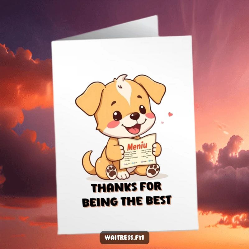 Funny Free Printable Thank You Card: A playful puppy offers a menu filled with thanks.