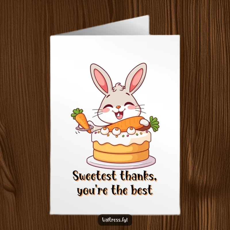 Funny Free Printable Thank You Card: A bunny delights in serving a huge carrot cake.