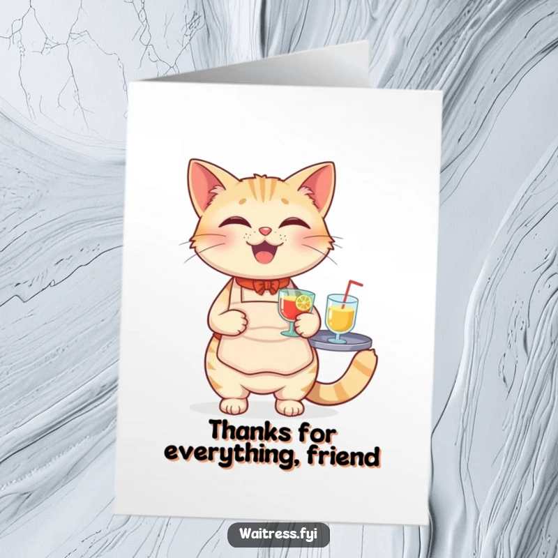 Funny Free Printable Thank You Card: A happy cat in an apron offers drinks as thanks.