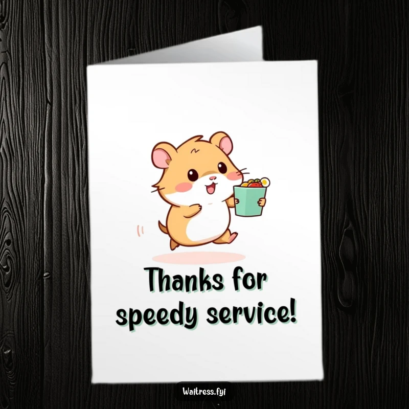 Funny Free Printable Thank You Card: A small hamster speeding with a food order, conveying a thankful message with humor and haste.