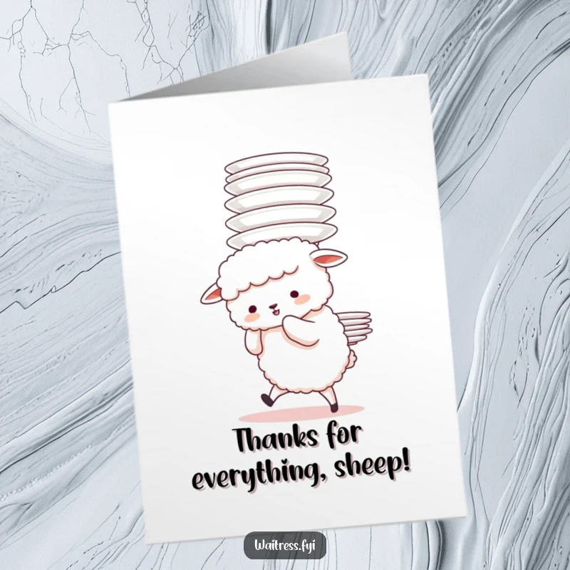 Funny Free Printable Thank You Card: Sheep Struggles with Stack of Plates, Adorable and Relatable, Humorous Scene.