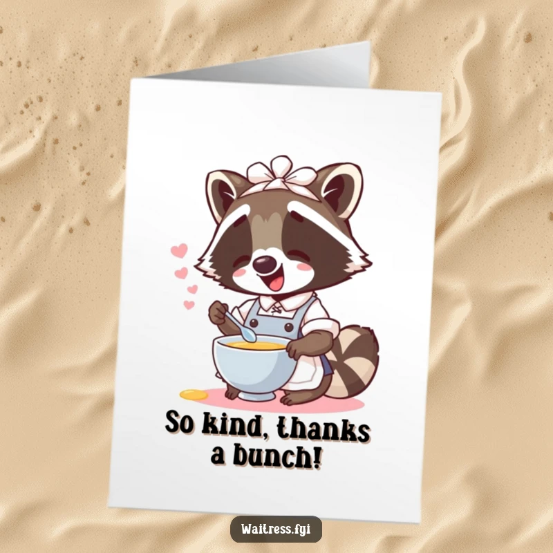 Funny Free Printable Thank You Card: A cheerful raccoon waitress hilariously spills imaginary soup, saying thank you with a grin.