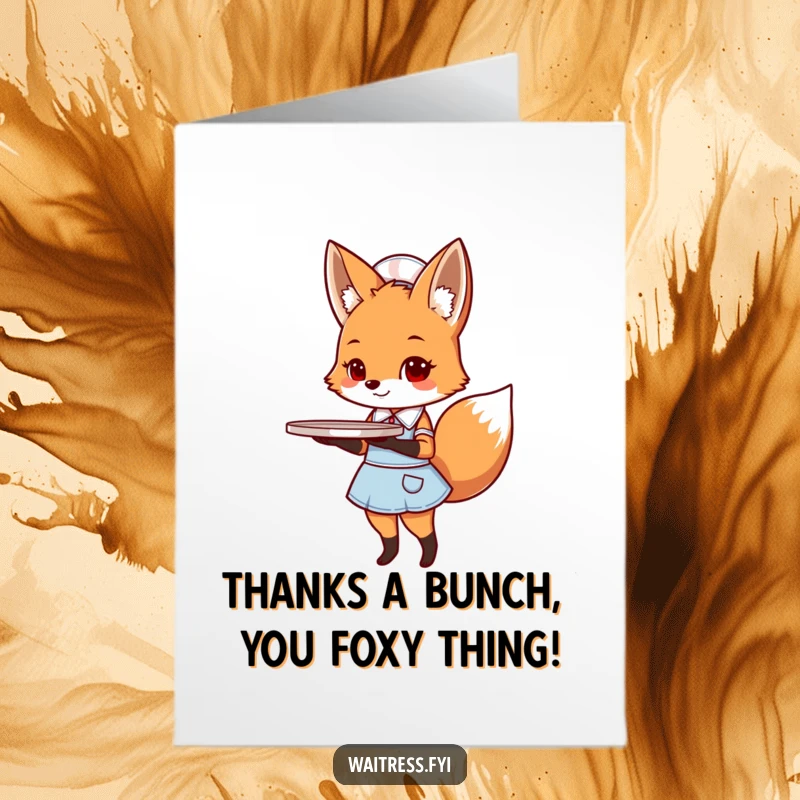 Funny free printable thank you card: A cute fox server in a diner outfit holding a tray with a big thank you message.