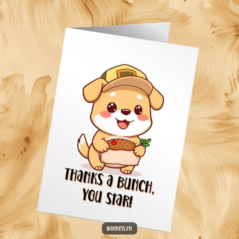 Funny Free Printable Thank You Card: A cheerful dog wearing a cap delivers a meal, expressing thanks with a happy expression.