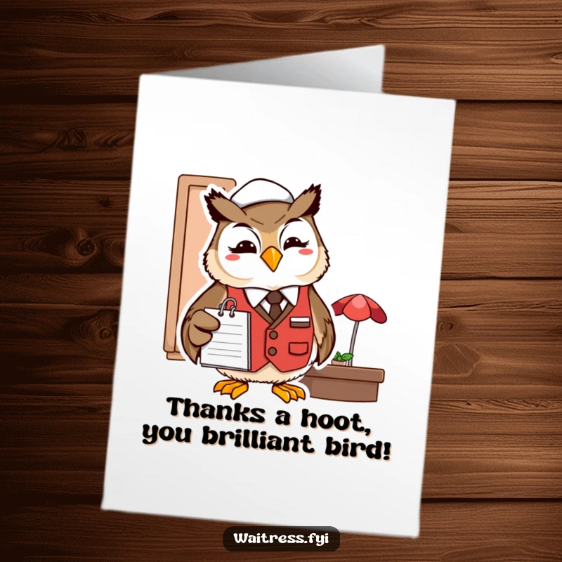Funny free printable thank you card: A smiling owl server in a vest, holding a notepad and pen to write thanks.
