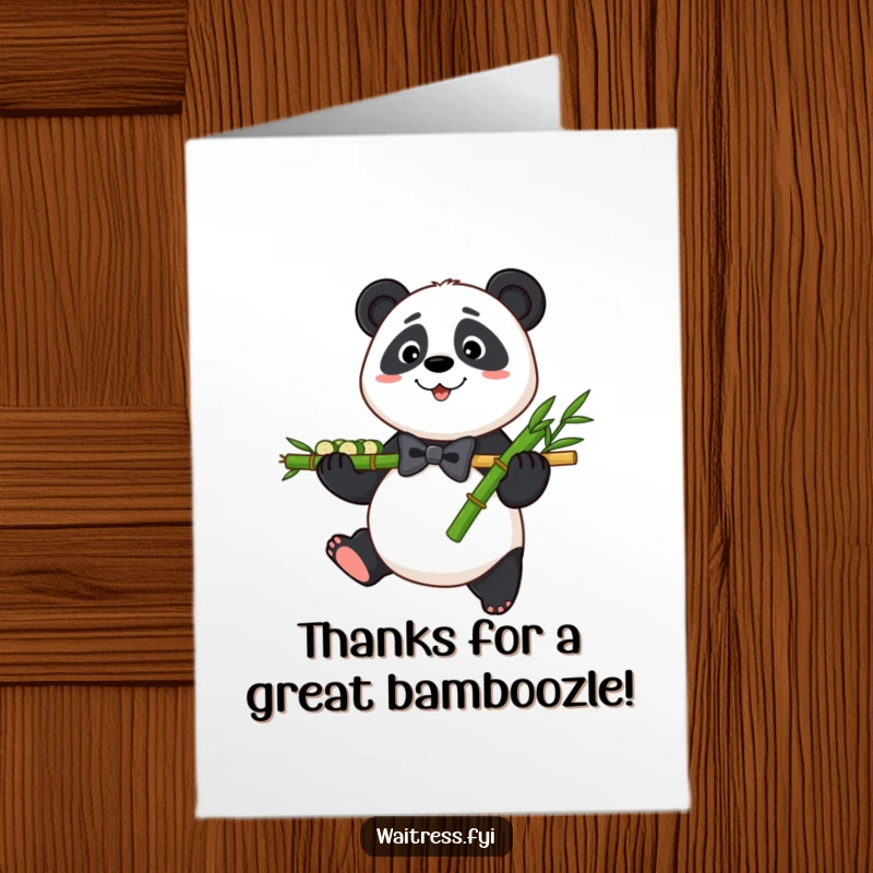 Funny Free Printable Thank You Card: A panda wearing a bowtie presents a bamboo shoot platter, conveying thanks with a gentle and charming demeanor.