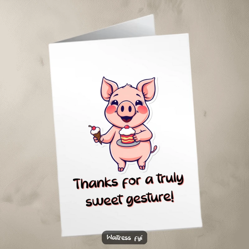 Funny Free Printable Pig Thank You Card: A cheerful pig beams, offering a delectable dessert as a token of sincere thanks.