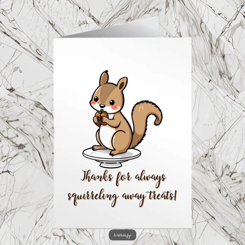 Funny Free Printable Thank You Card: A squirrel carefully balances nuts on a dish, expressing thanks with a cute and quirky personality.