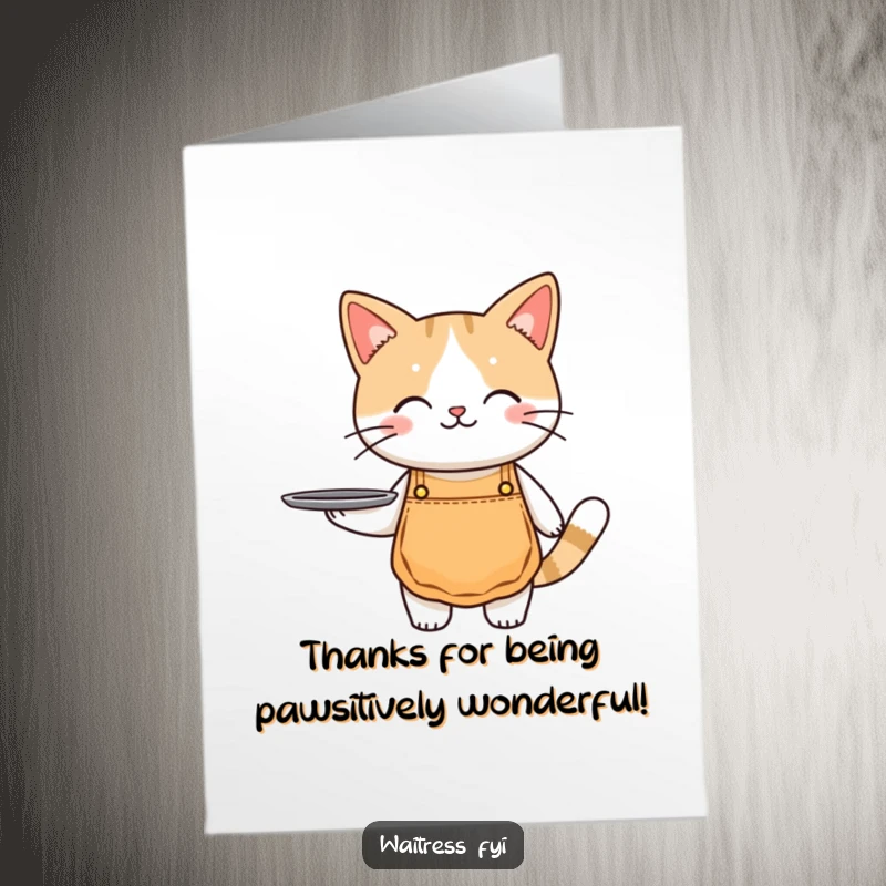 Funny Free Printable Thank You Card: A cute cat in a tiny apron holds out a tray, offering thanks with a gentle, appreciative look.