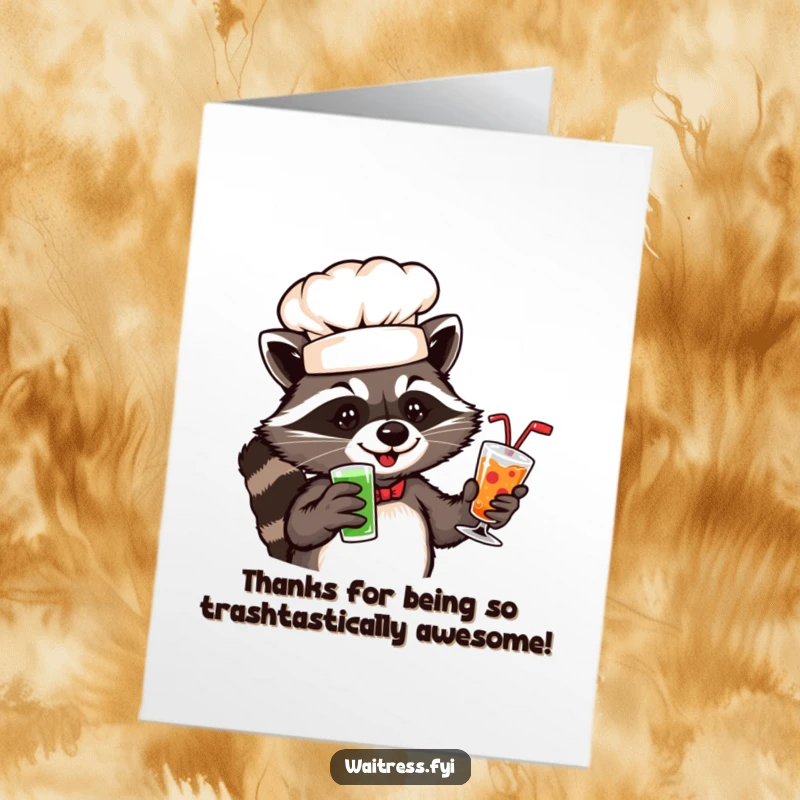 Funny free printable thank you card: A playful raccoon chef serving drinks, with a thank you note attached to one.