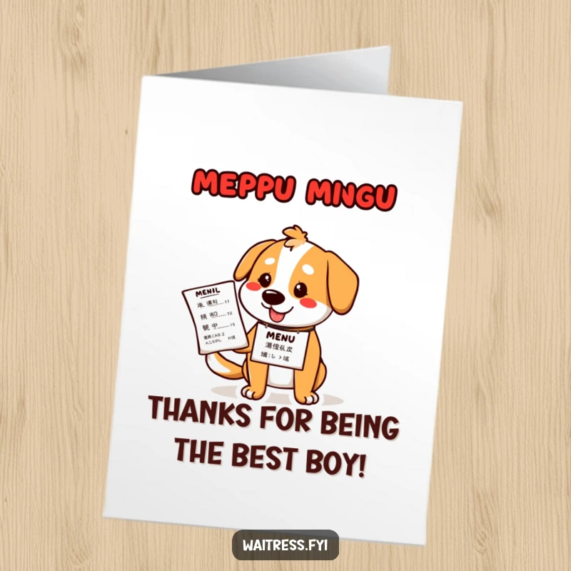 Funny Free Printable Dog Thank You Card: A cartoon dog with a nametag presents a menu, offering thanks with a sweet, goofy expression.