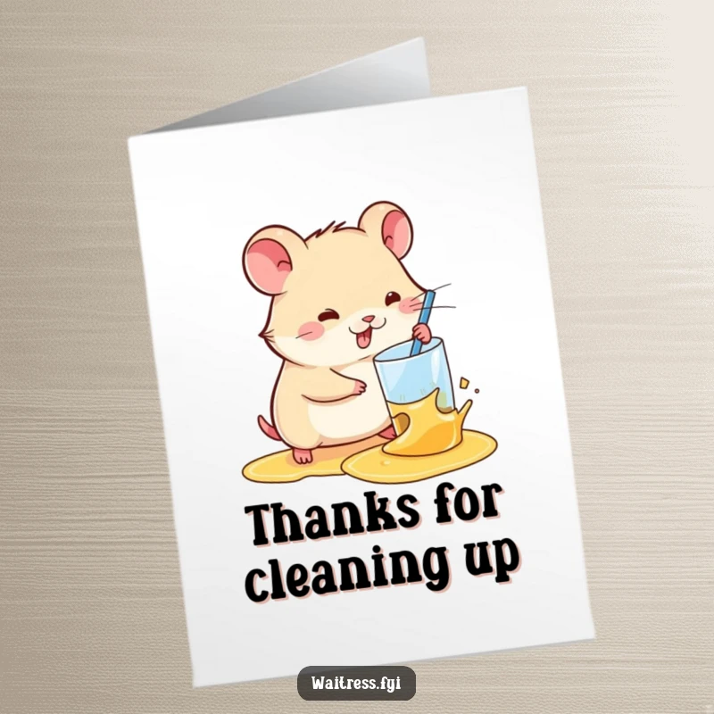 Funny Free Printable Thank You card with a diligent kawaii hamster quickly cleaning up a spilled drink, showing efficient and cheerful appreciation.