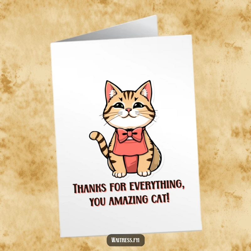 Funny free printable thank you card: A dapper cat server in a bowtie and apron offering a small gift with a thank you note.