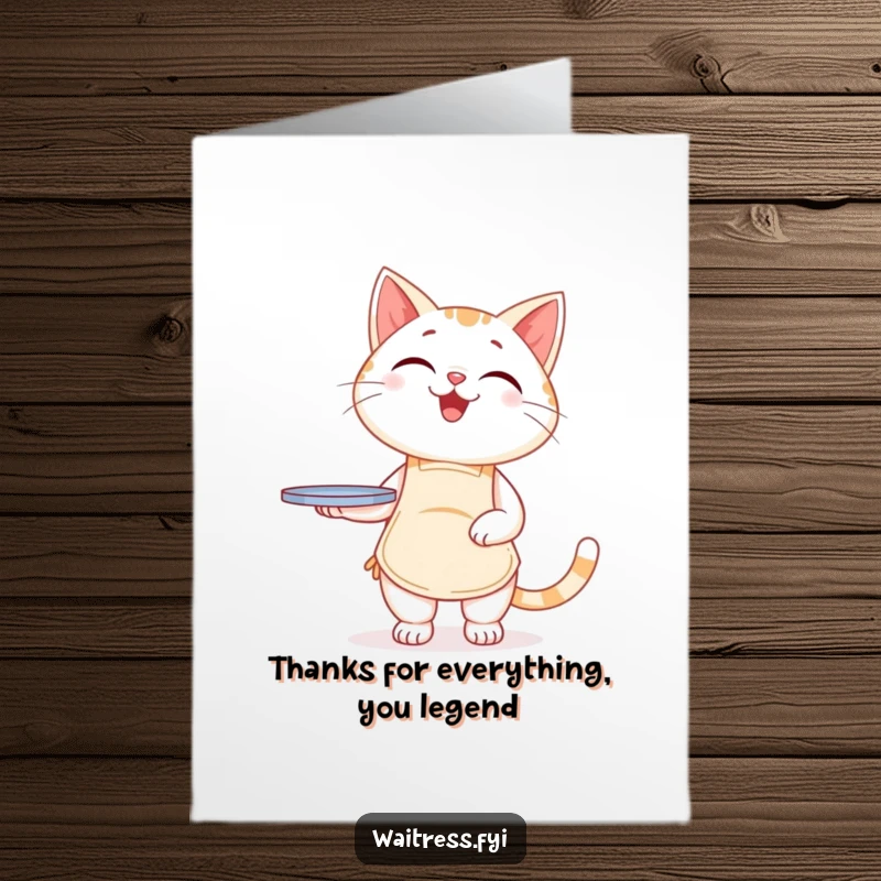 Funny Free Printable Thank You Card: A smiling cat wearing an apron carries a tray with thanks.