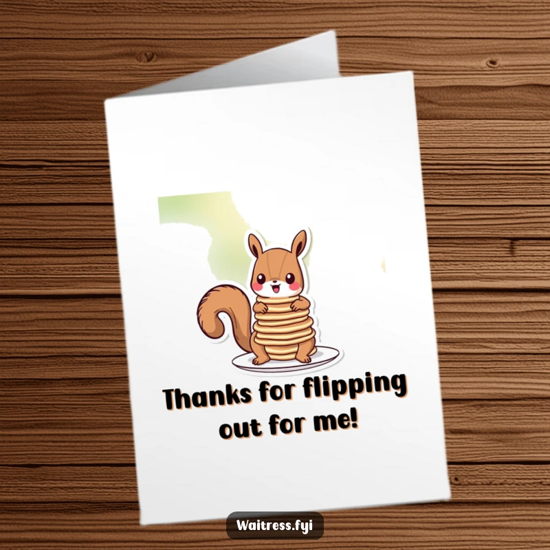 Funny Free Printable Squirrel Thank You Card: A comical squirrel struggles slightly while balancing a stack of pancakes, expressing gratitude.