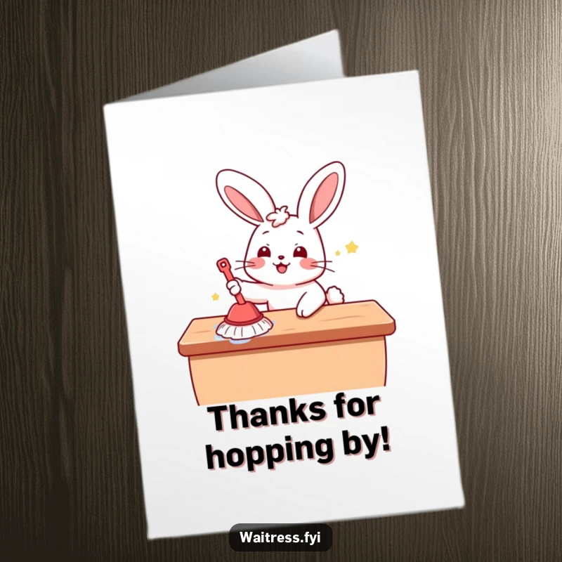 Funny Free Printable Thank You Card: Kawaii bunny shines while cleaning, showing sweet gratitude.
