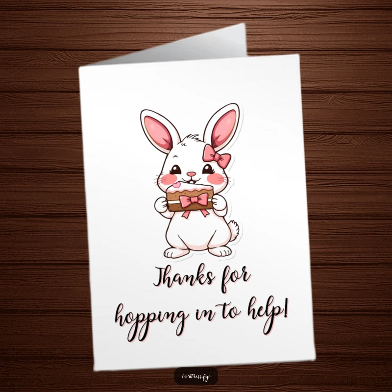 Funny Free Printable Thank You Card: A playful bunny holds out a slice of cake with a bow, expressing gratitude.