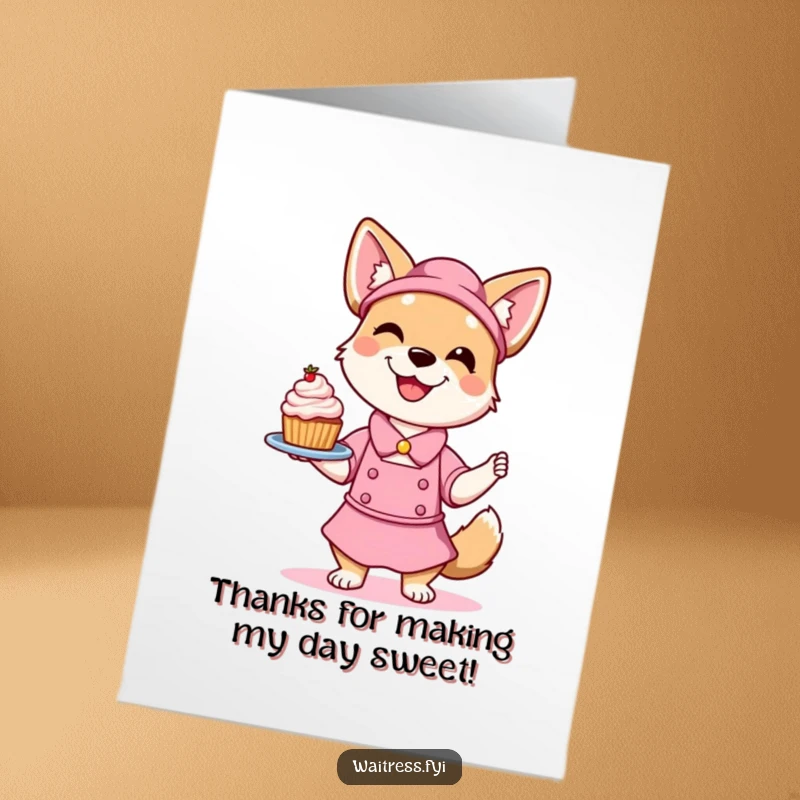 Free Printable Dog Thank You Card: A smiling dog waitress playfully balancing a dessert, sending sweet thanks with a wag.