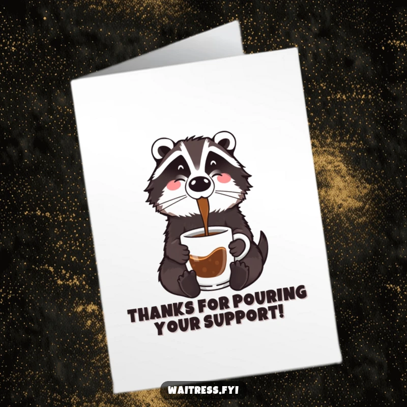 Funny Free Printable Badger Thank You Card: A friendly badger diligently pours coffee into a mug, offering thanks with a warm expression.