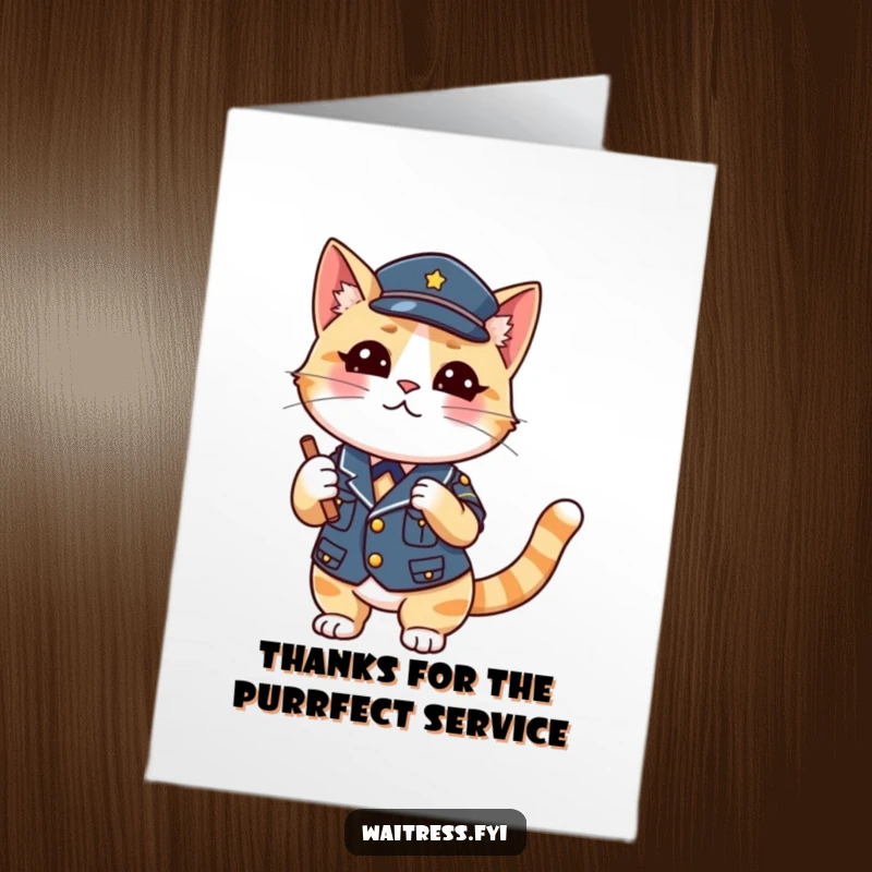 Funny Free Printable Thank You Card: A playful cat in uniform taking an order, offering a cheeky, appreciative wink.