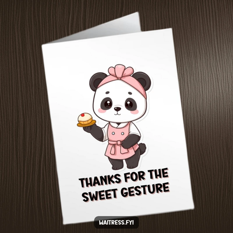 Funny Free Printable Panda Waitress Thank You Card: Graceful panda waitress presenting a delicate pastry, offering thanks with charm.