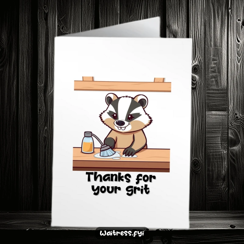 Funny Free Printable Thank You Card: Determined badger with a focused smile, wiping a surface, conveying thanks.