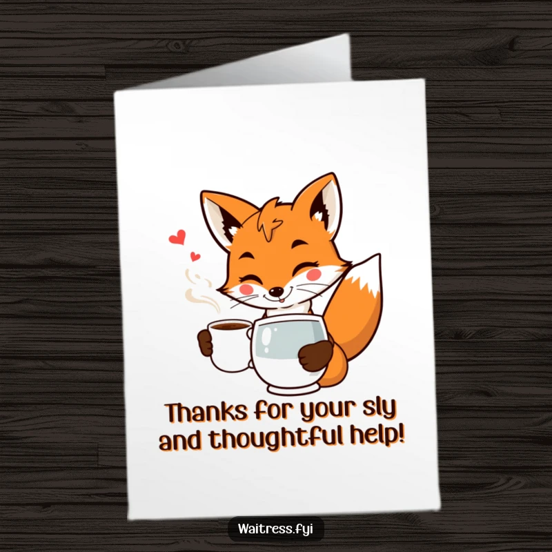 Funny Free Printable Thank You Card: A smiling fox waiter gracefully serves coffee, offering thanks with a charming flourish and a wink.
