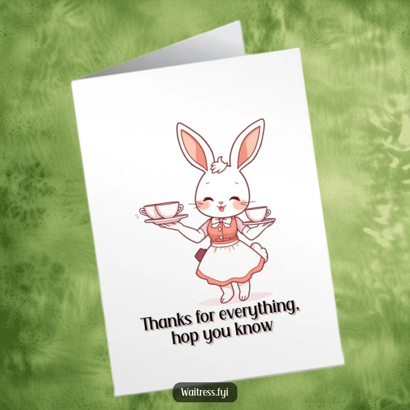 Funny Free Printable Thank You Card: A graceful bunny waitress balancing a tray filled with steaming teacups.