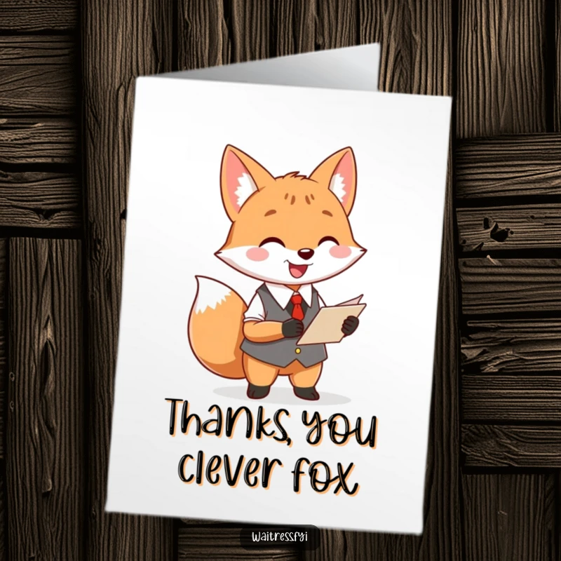 Funny Free Printable Thank You Card: A cheerful fox waiter holding a notepad, ready to take your thank you order.