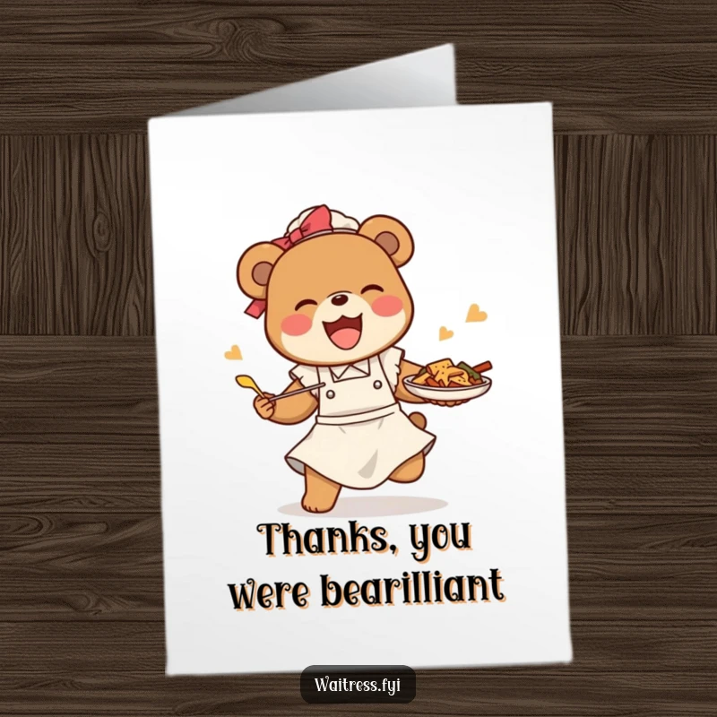 Funny Free Printable Thank You Card: A happy bear waitress comically tripping but expertly saving a full tray of food.