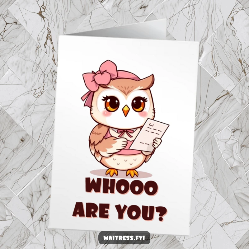Funny Free Printable Thank You Card: Polite owl waitress offering a menu with a gentle, thankful smile.