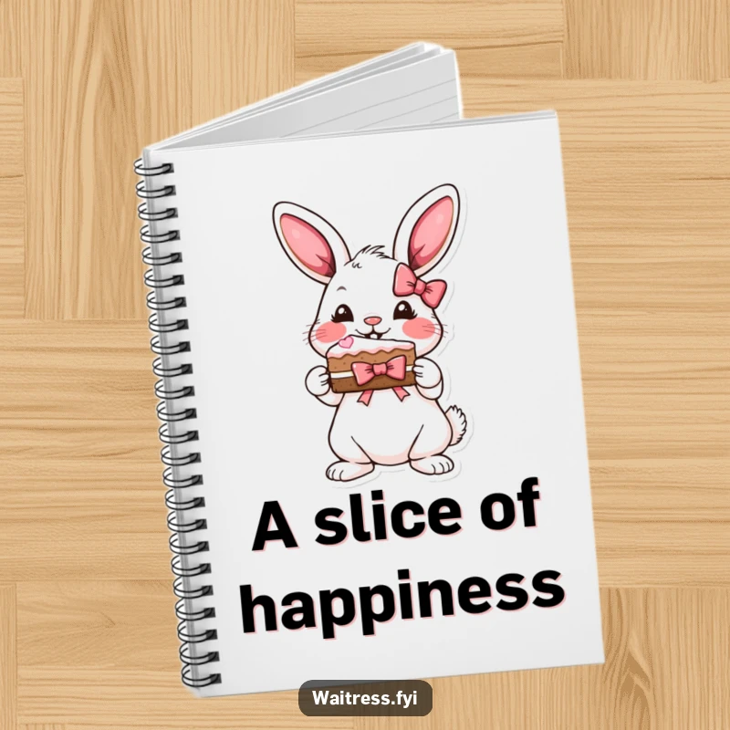 Funny bunny cake notebook with a playful bunny presenting a slice of cake with a ribbon bow.