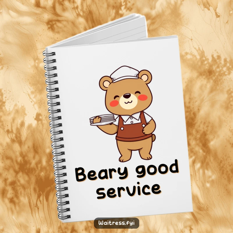 Funny bear waiter notebook with a cheerful bear in a uniform balancing plates, perfect for writing notes.