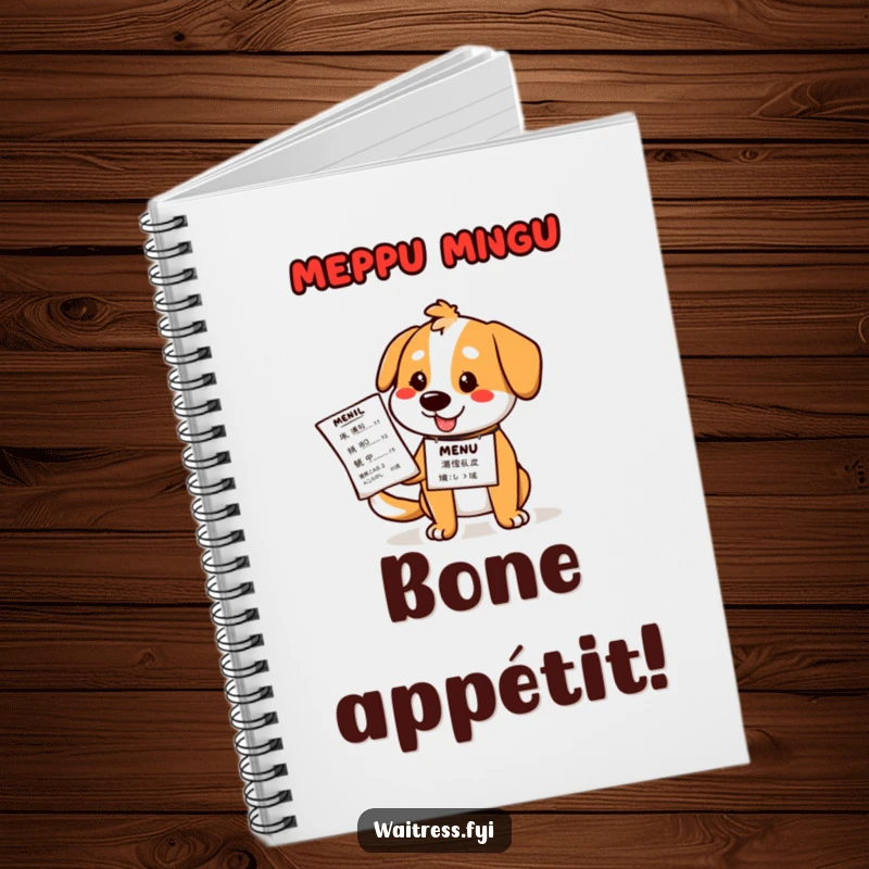 Funny dog waiter notebook with a cartoon poodle in a waiter's vest, holding a menu and looking ready to take notes.