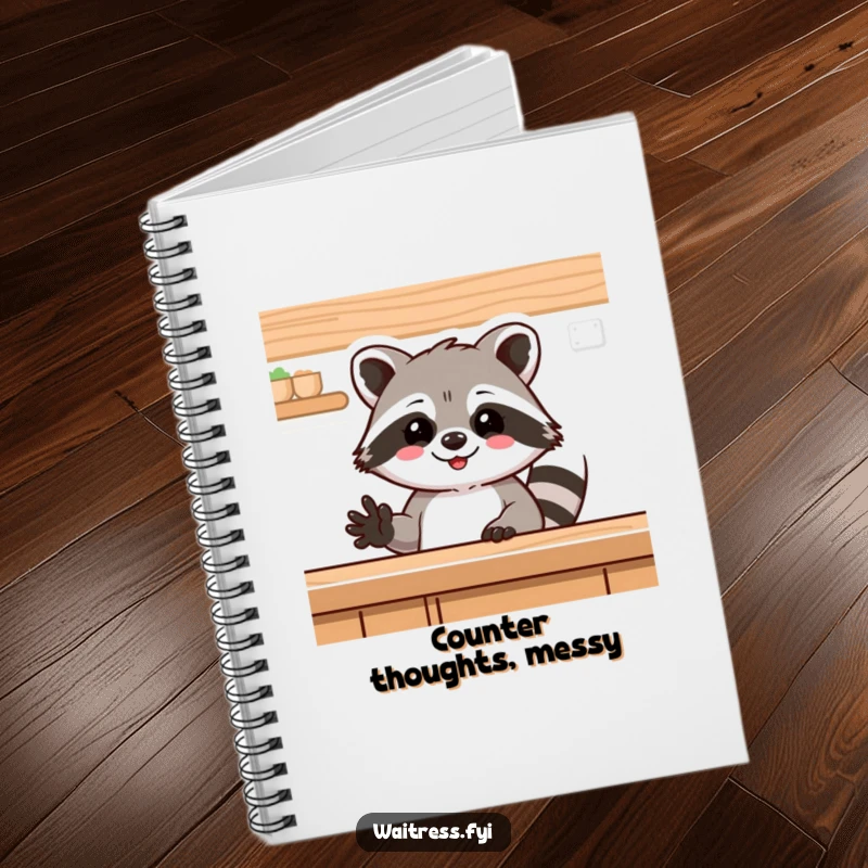 Funny raccoon notebook, a delighted raccoon waving from behind a counter. Ideal for taking notes or journaling with humor.
