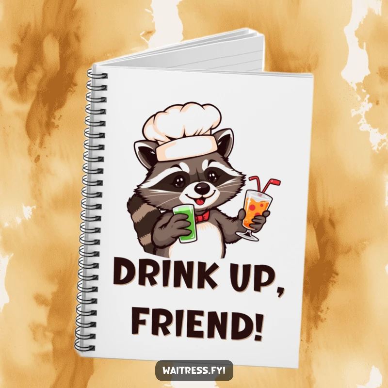 Funny raccoon chef notebook featuring a playful raccoon in a chef hat serving drinks.